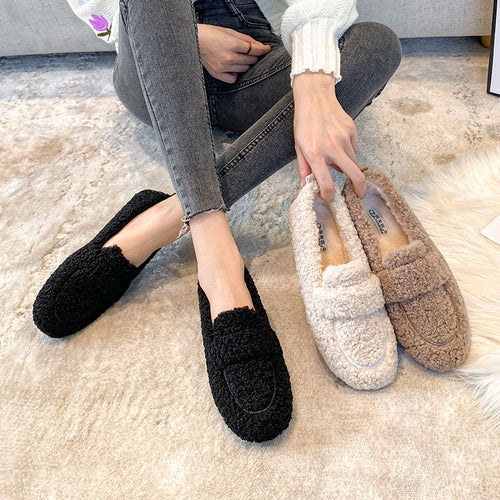 Papuci de iarnă călduroși din pluș pentru femei – Loafers slip-on confortabili din lână de miel, talpă plată, stil casual elegant