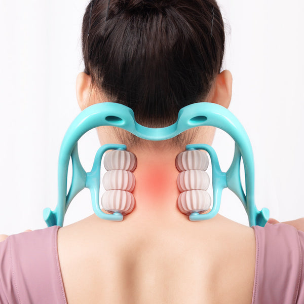 ‍♂️ Masaj Cervical cu 6 Role – Aparat Manual pentru Gât, Umeri, Spate și Picioare