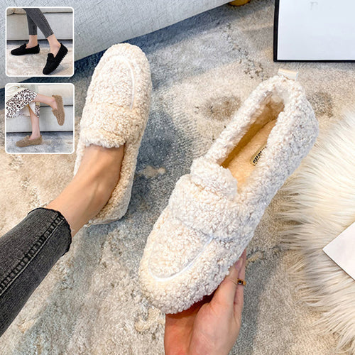 Papuci de iarnă călduroși din pluș pentru femei – Loafers slip-on confortabili din lână de miel, talpă plată, stil casual elegant