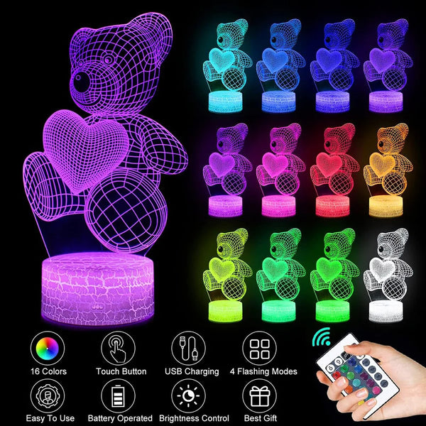 Veioză LED 3D cu Telecomandă, 16 Culori, USB - Decor Perfect pentru Dormitor.